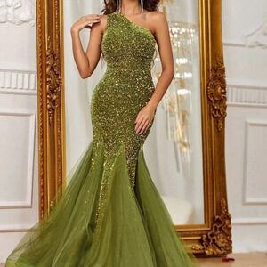 Olive Preppy Womens One Shoulder Sequin Formal Dress